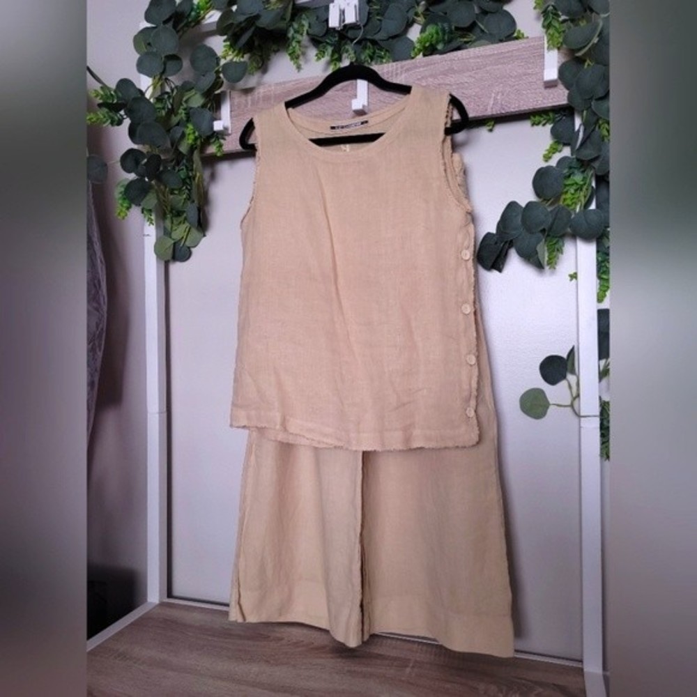 European Culture Linen Set 2 Piece Wide Leg Lounge Pants Camisole Tan Medium